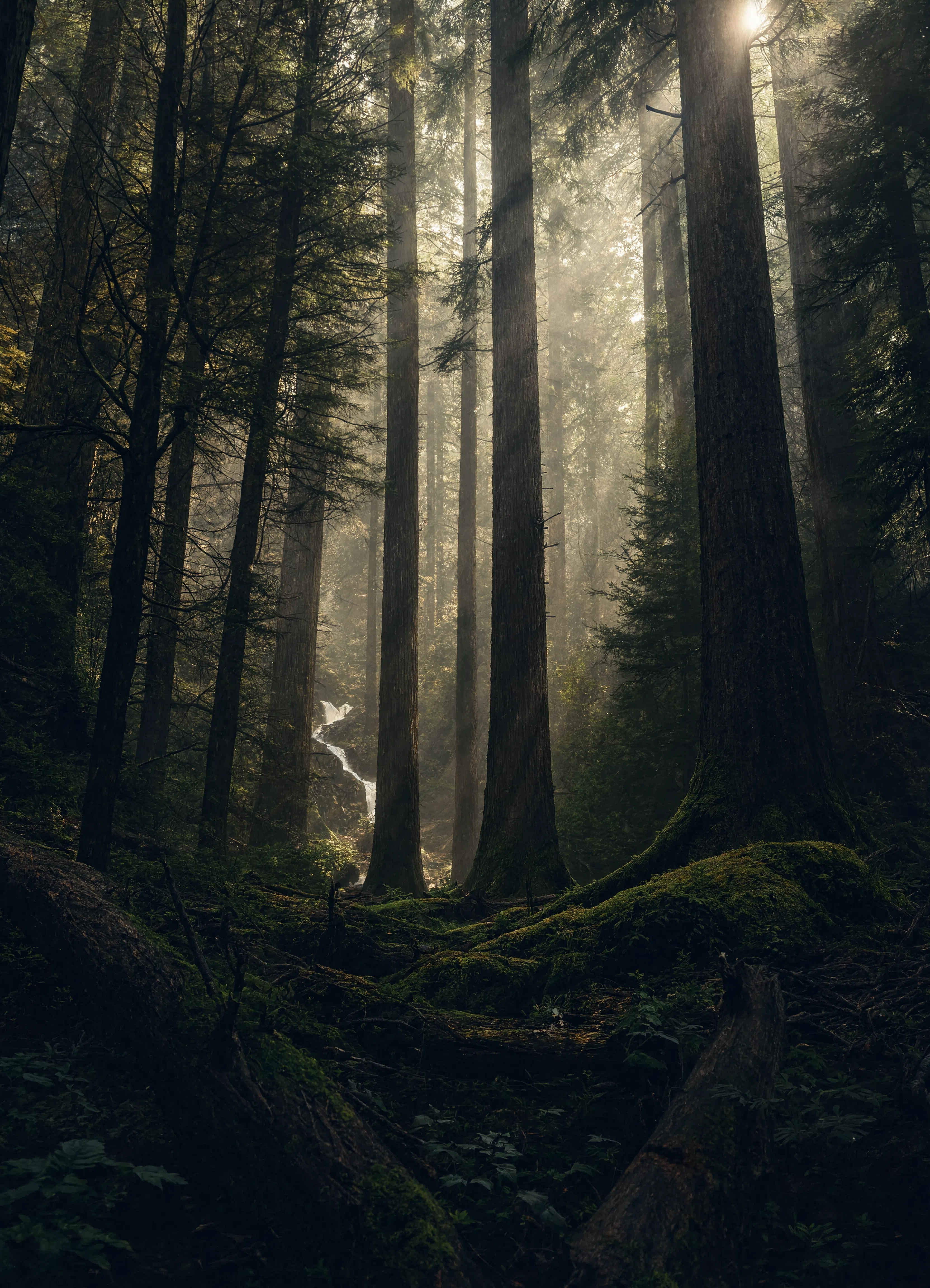 Dichter Schwarzwald mit Morgennebel und Wasserfällen